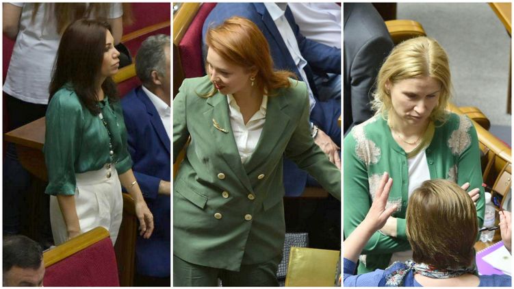 Нардепы Виктория Сюмар, Алена Шкрум и Елена Кондтратюк сегодня пришли в парламент в зеленом, фото: Аркадий Манн, 