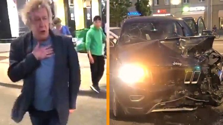 Пьяный Михаил Ефремов и его разбитый автомобиль. Коллаж