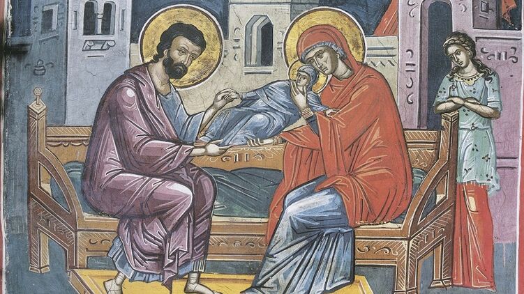 Рождество Пресвятой Богородицы - рождение Марии на фреске