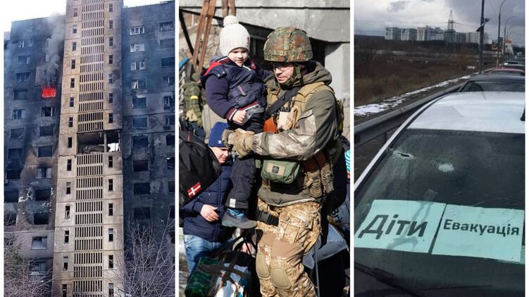 Последствия авиаудара в Харькове и эвакуация детей. Коллаж 