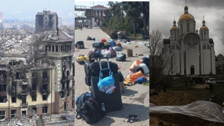 Разрушенный Мариуполь, удар по Краматорску и эксгумация тел в Буче. Коллаж 
