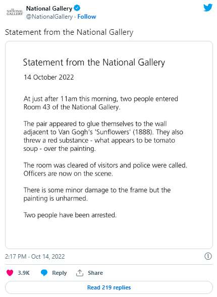 Пресс-служба Национальной галереи в Лондоне сообщила о том, что картине Подсолнухи Ван Гога не нанесен серьёзный урон в результате акции экоактивисток