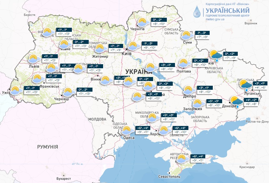 Карта погоды в Украине на 19 марта 2023 года