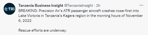 Самолет авиакомпании Precision Air потерпел крушение в Танзании и упал в озеро Виктория