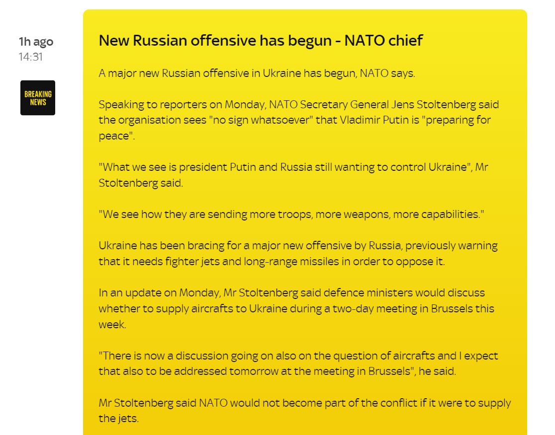 Столтенберг заявил, что Россия начала новое крупное наступление в Украине