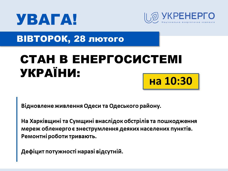 Укренерго розповіла про ситуацію зі світлом на 28 лютого