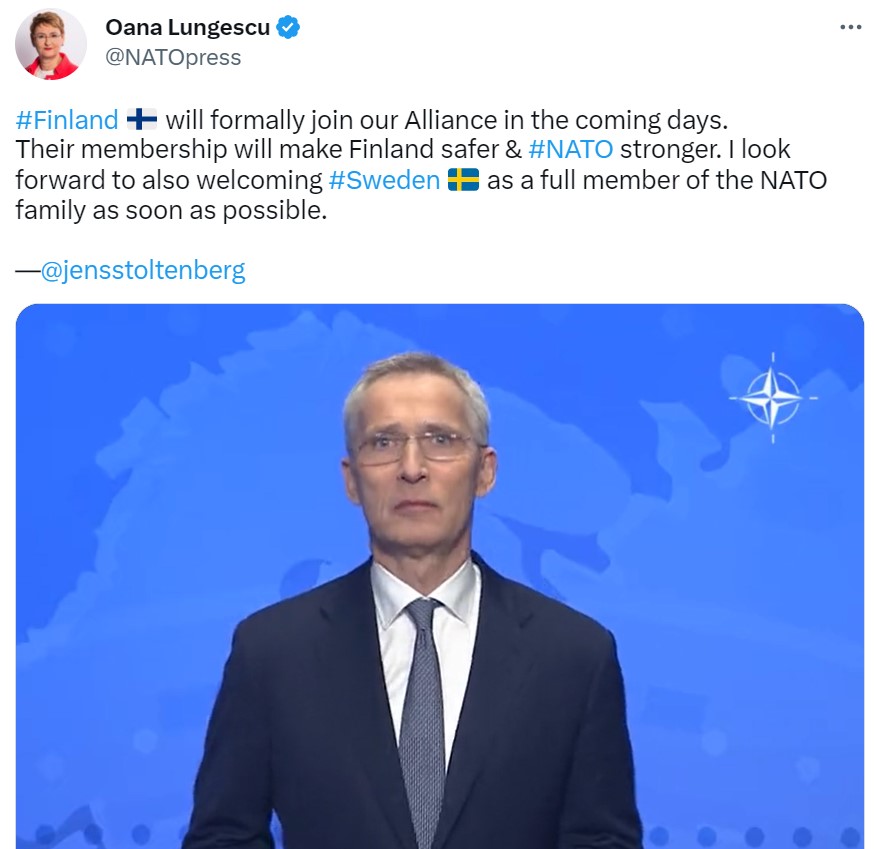Столтенберг заявив, що Фінляндія незабаром стане членом НАТО.