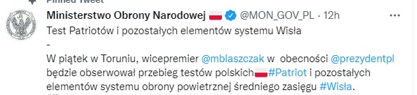 Скриншот из Твиттера Минобороны Польши