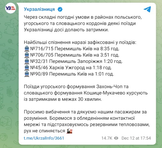 Скриншот из Телеграм Укрзализныци