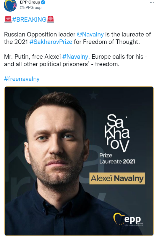 Навальный стал лауреатом премии Сахарова. Скриншот из твиттера
