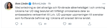 посольство Швеции чатсично переезжает во Львов. Скриншот из твиттера