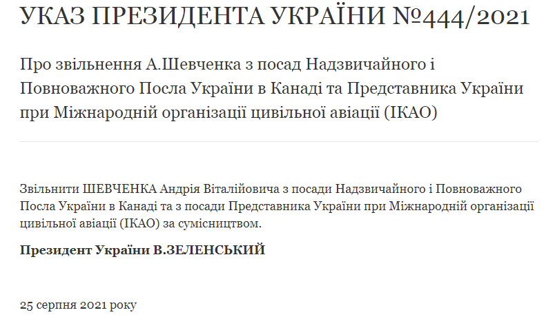 Зеленский уволил Шевченко с поста посла Украины в Канаде. Скриншот указа