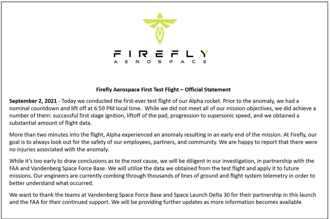 Firefly Aerospace будет расследовать причину дело ракеты Alpha, которая взорвалась в небе сразу после запуска