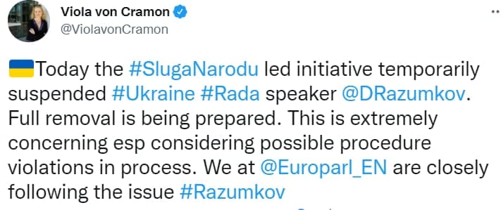 Депутат Европарламента обеспокоена отстранением Разумкова