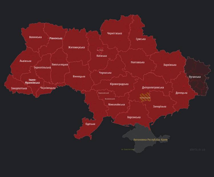 Карта воздушных тревог в Украине 15 августа 2022 года