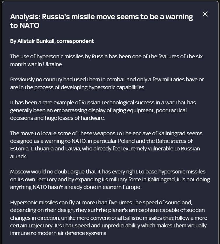 Своими гиперзвуковыми ракетами Россия шлет недвусмысленное предупреждение НАТО, пишет аналитик Sky News Алистер Банколл