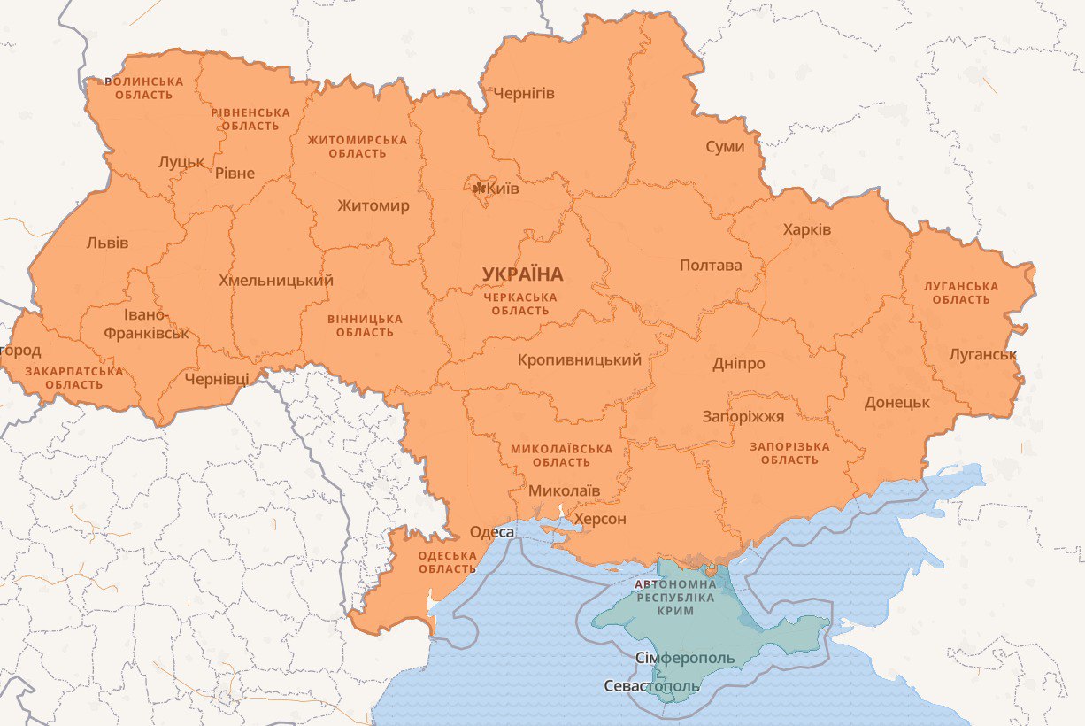 Карта воздушных тревог в Украине 24 августа 2022 года
