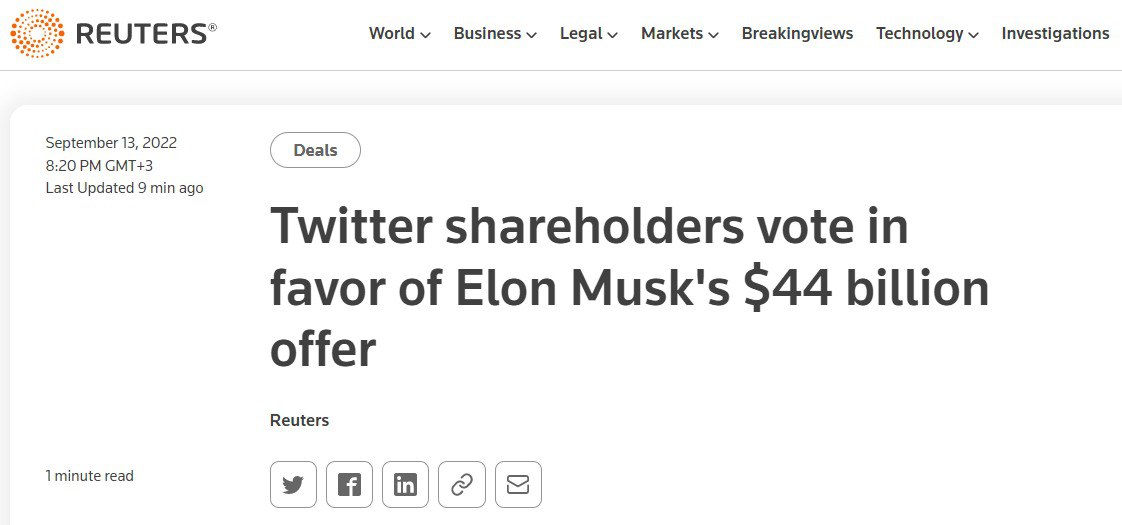 Издание Reuters сообщило о том, что акционеры Twitter одобрили сделку по продаже компании предпринимателю Илону Маску ssxg6yx12x21
