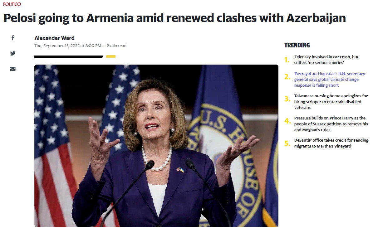 Издание Politico сообщило о том, что Нэнси Пелоси отправится в Армению в ближайшие выходные, чтобы продемонстрировать поддержку этой стране