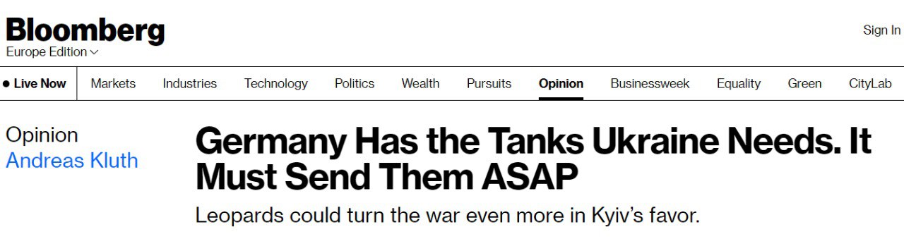 Издание Bloomberg пишет о том, что между странами Запада существует неофициальная договоренность не поставлять Украине танки