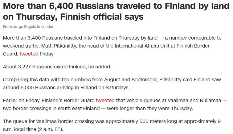 CNN сообщает о том, что 6400 россиян прибыли вчера в Финляндию наземным транспортом
