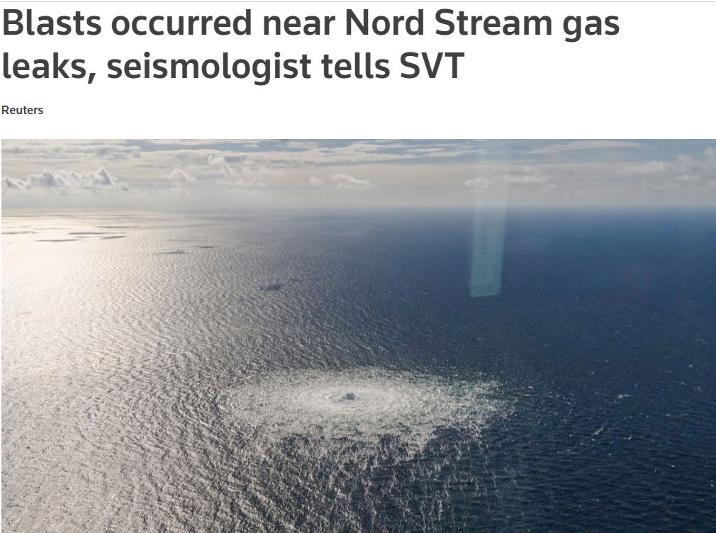 Reuters сообщает о том, что шведские сейсмологи считают, что инциденты на "Северных потоках" связаны со взрывами, а не с землетрясениями