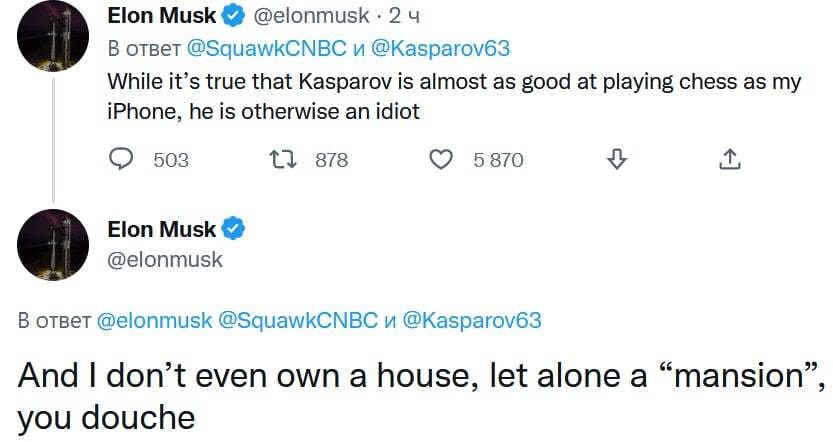 Маск ответил оскорблениями Каспарову