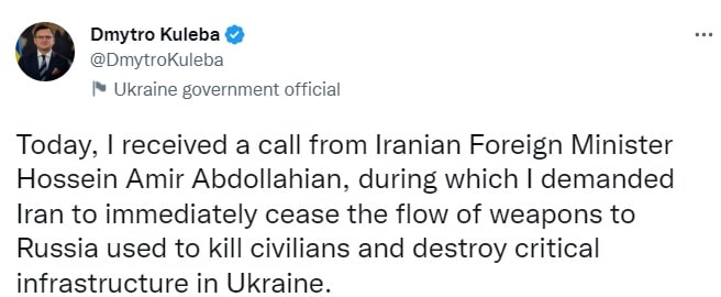 Глава МИД Украины Дмитрий Кулеба во время телефонного разговора потребовал у иранского коллеги Хоссейна Амира Абдоллахиана прекратить поставки оружия России