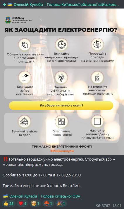 Глава Киевской ОВА Алексей Кулеба сообщил о том, что в Киевской областной военной администрации призывают к максимальной экономии электричества с 6 утра до 23:00
