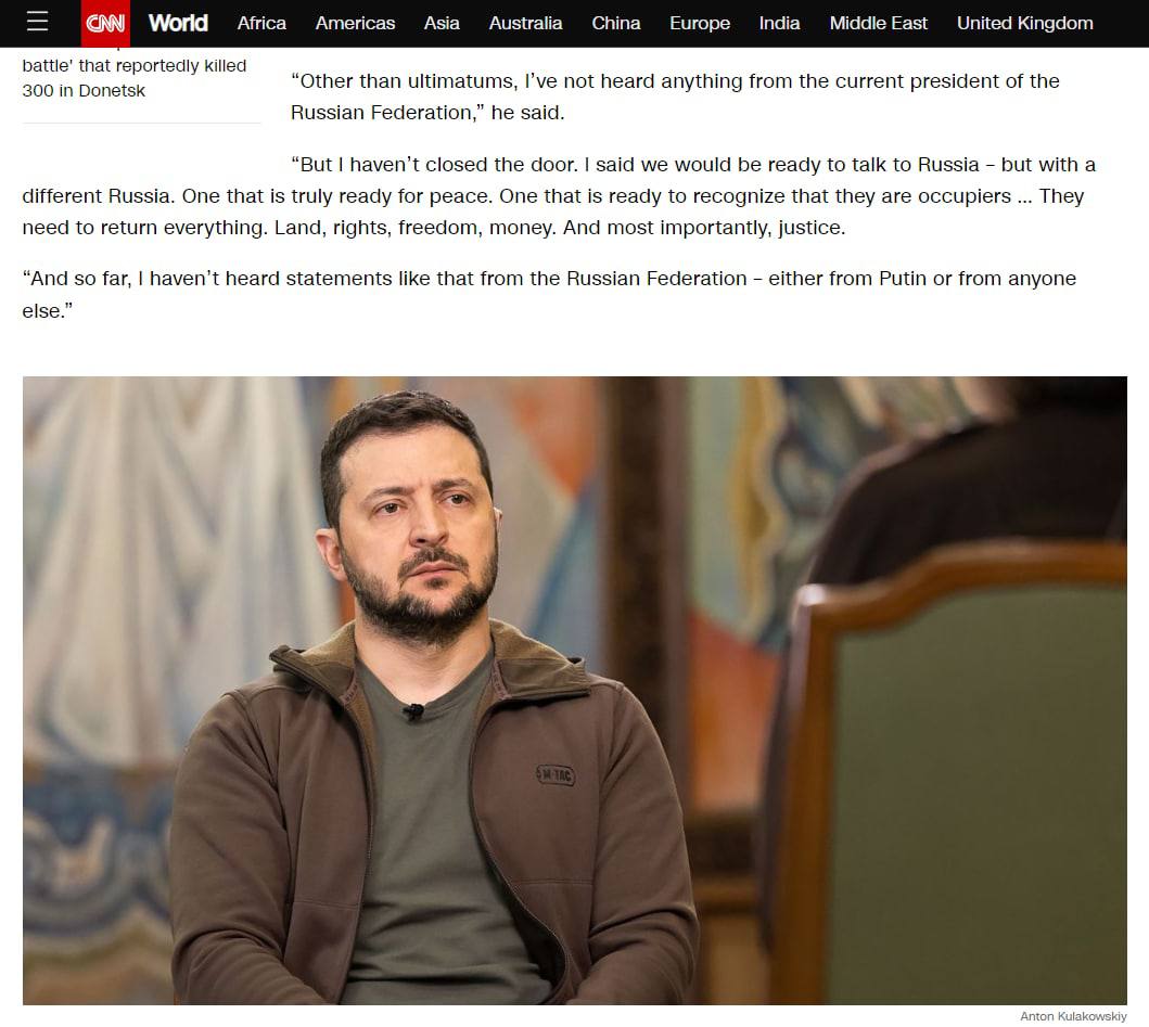 Зеленский в интервью CNN заявил, что не исключает мирных переговоров с президентом РФ, но при выполнении условий