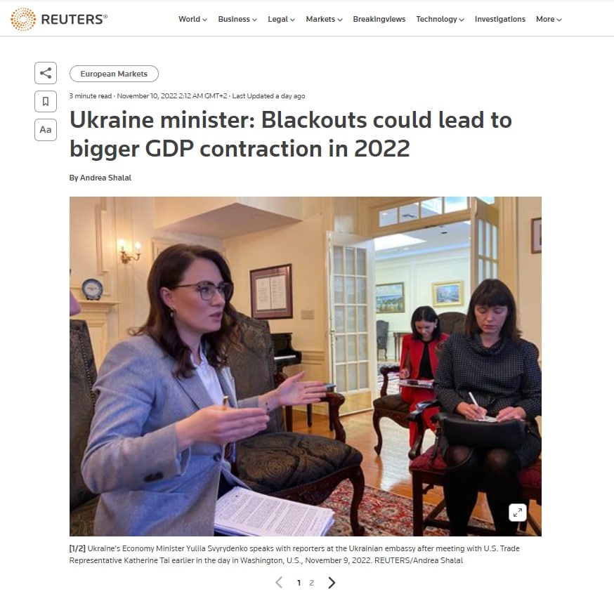 Издание Reuters написало о том, что обстрелы инфраструктуры и постоянные отключения света могут вызвать еще большее сокращение ВВП Украины в этом году