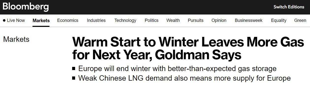 Bloomberg пишет о том, что газовые хранилища в Европе к концу отопительного сезона будут заполнены примерно на 30% - это больше, чем ожидалось ранее