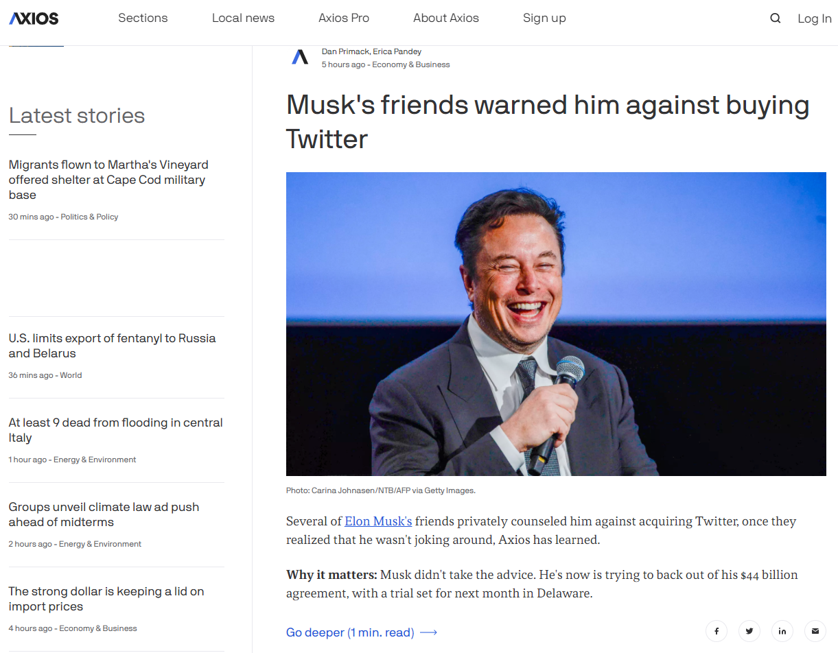 Издание Axios сообщает о том, что друзья и близкие Илона Маска отговаривали его от покупки Twitter, называя её огромной проблемой
