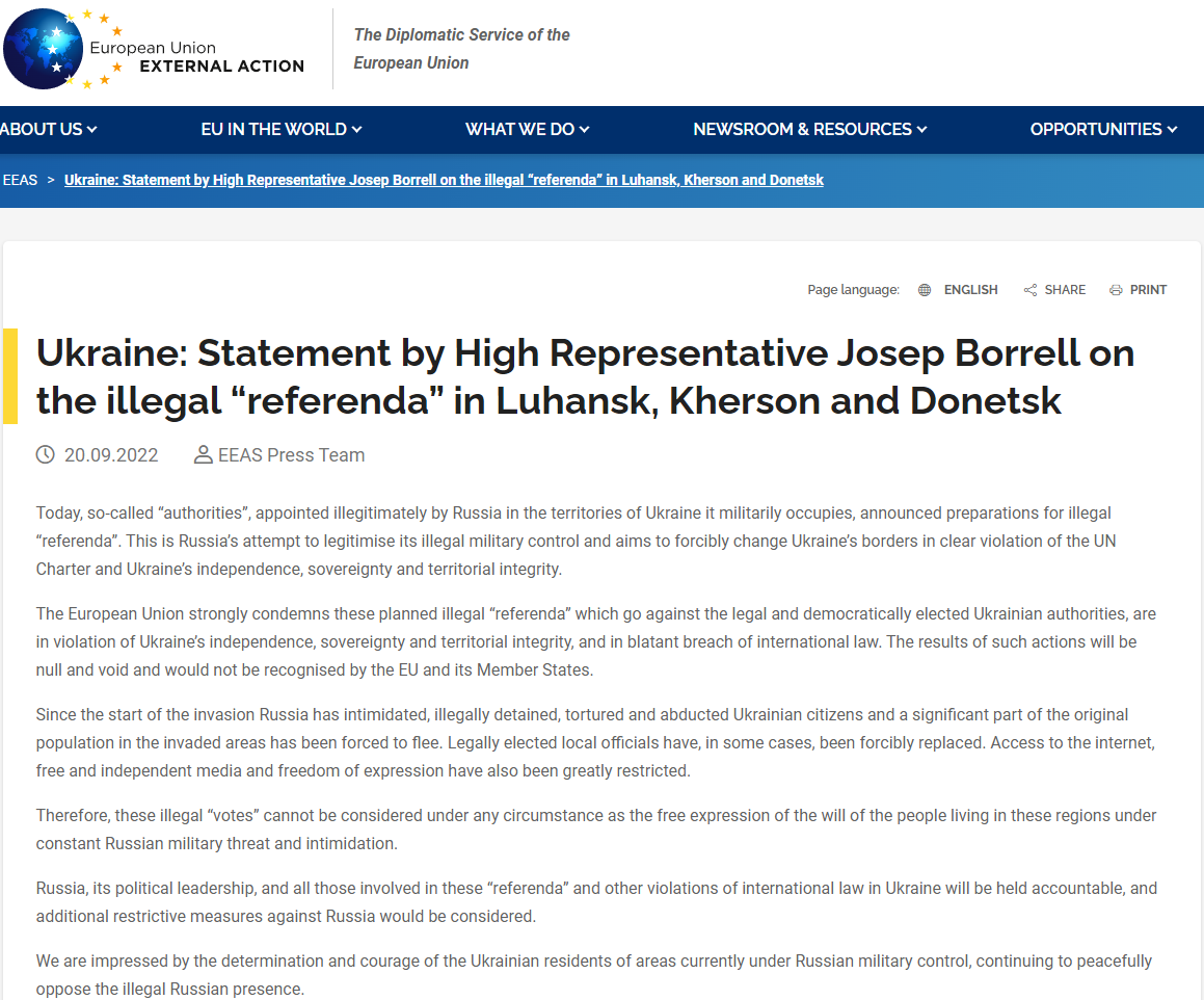 Жозеп Боррель заявил о том, что ЕС ведет против России новые санкции в случае проведения "референдумов" на территориях Украины