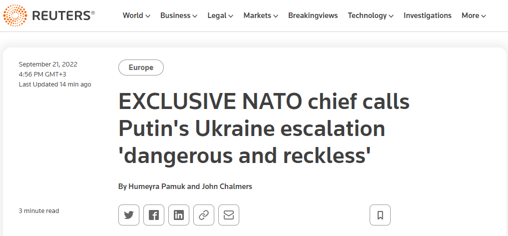 Издание Reuters сообщает о том, что генсек НАТО Йенс Столтенберг сделал ряд заявлений после объявленной частичной мобилизации в России