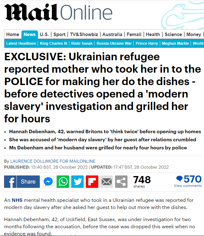 Daily Mail сообщает о том, что британка, принявшая украинскую беженку, была обвинена в современном рабстве после того, как попросила свою гостью помыть посуду