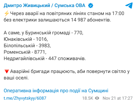 Глава Сумской ОВА Дмитрий Живицкий сообщил о том, что из-за аварии на воздушных линиях без света остались почти 15 тысяч абонентов