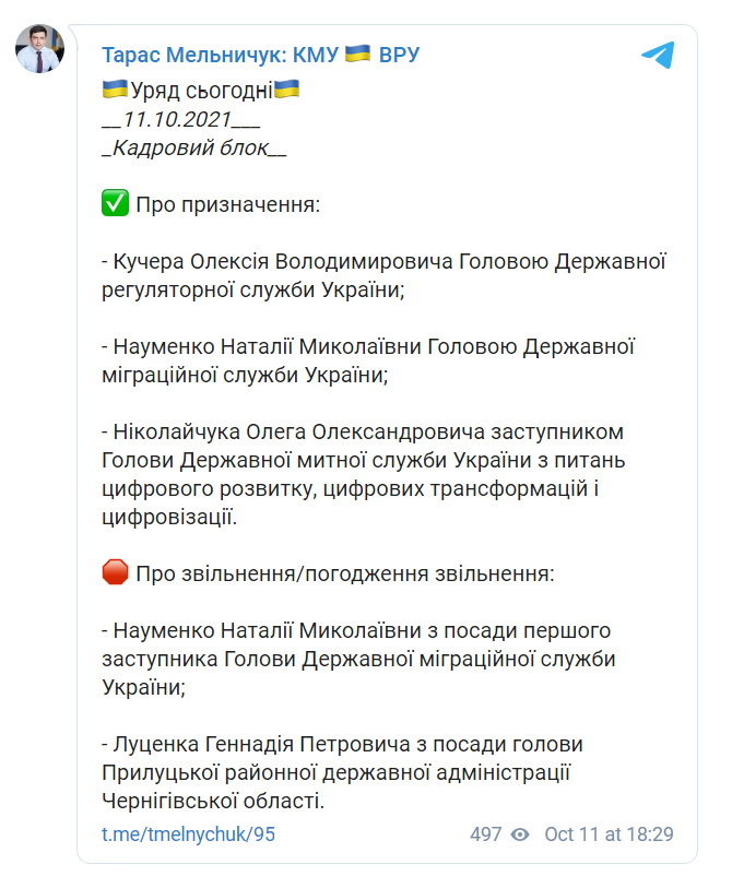 Скриншот из Телеграма Тараса Мельничука