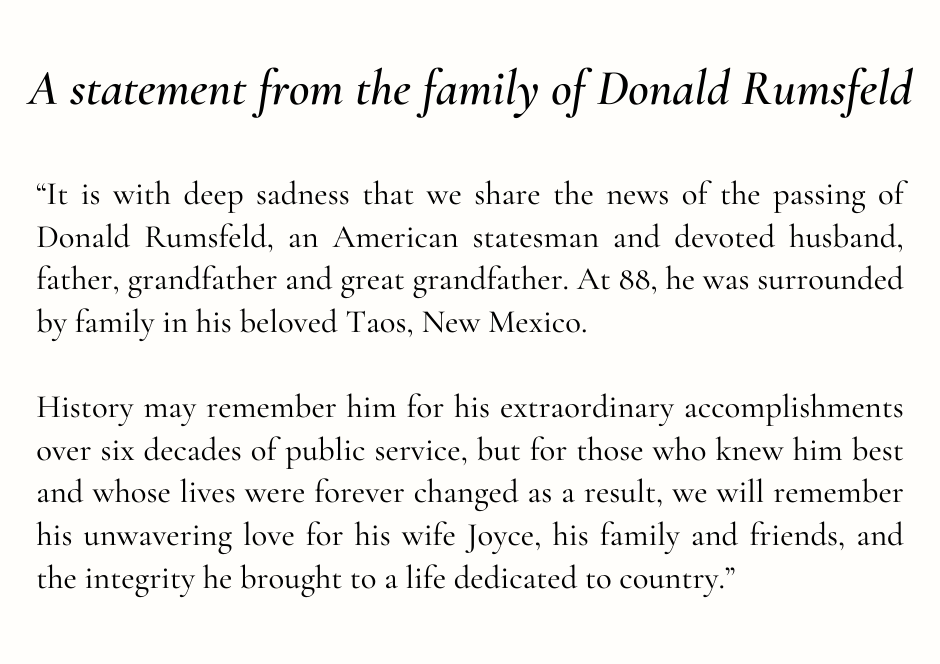 В США умер Дональд Рамсфелд