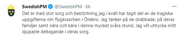Премьер-министр Швеции Стефан Левен выразил соболезнования родным и близким погибших парашютистов и пилота