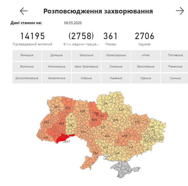 Данные по коронавирусу на 8 мая Минздрав Украины