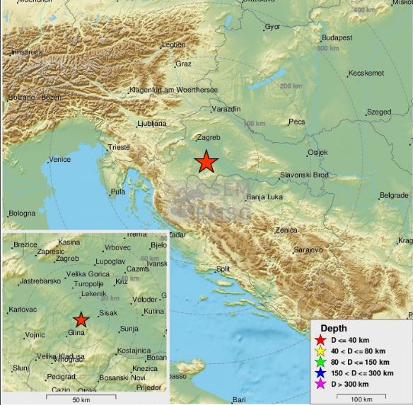 Карта землетрясения в Хорватии