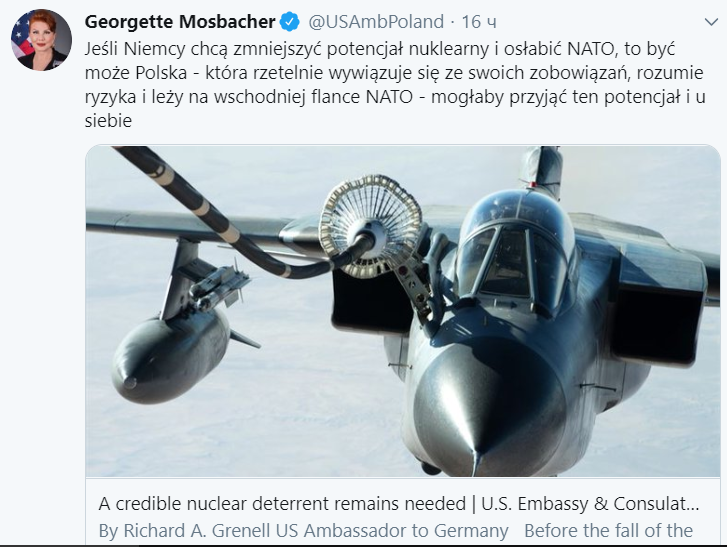 Джорджетт Мосбахер предложил Польше разместить у себя ядерное оружие США