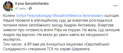 Геращенко сообщила о продлении ареста Антоненко