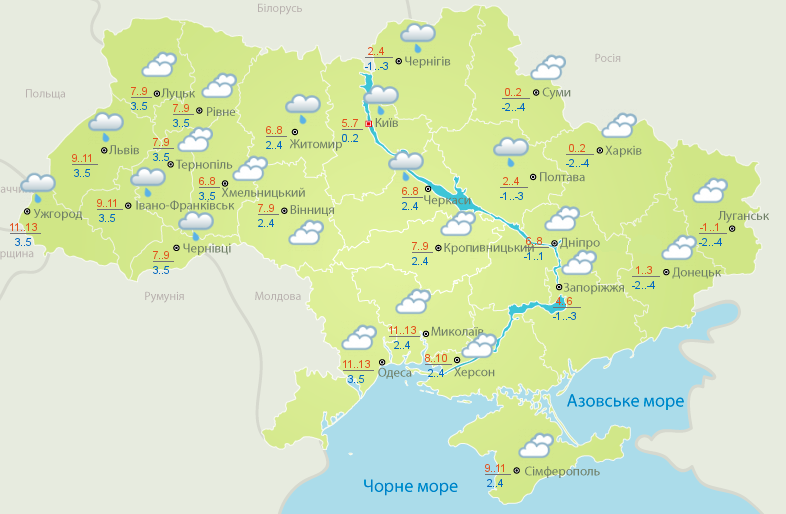 карта погоды в Украине 29 декабря