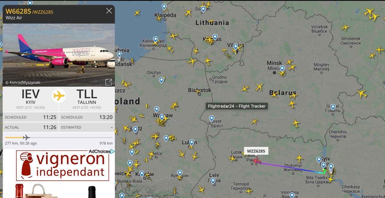 рейс WizzAir Киев–Таллин избегает воздушного пространства Беларуси