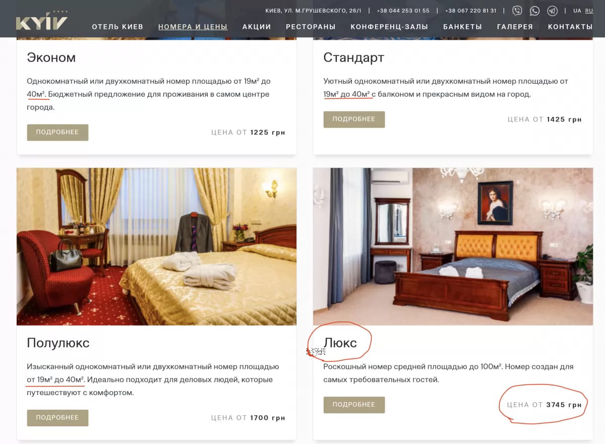 Цены на номера в гостинице Киев. Скриншот сайта