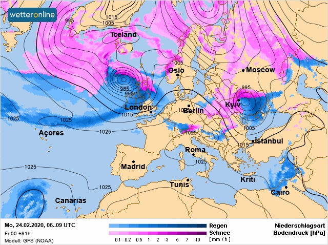 Карта погоды в Европе на 24 февраля