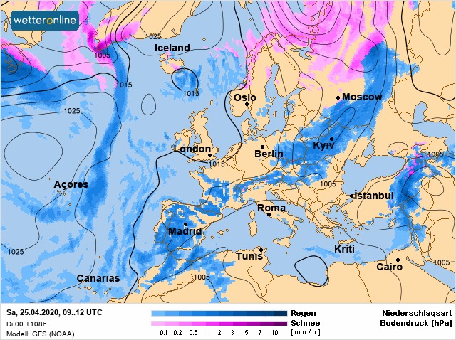 Карта погоды в Европе на 25 апреля