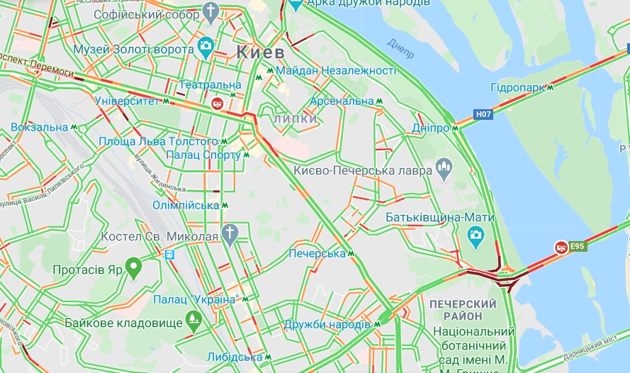 В Киеве много пробок. Скриншот: Google Maps